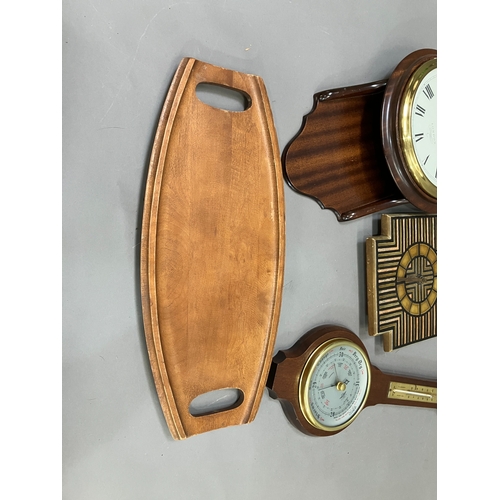 332 - A copper and oak galleried tray, mahogany wall clock, an oak barometer (at fault), a tile wall clock... 