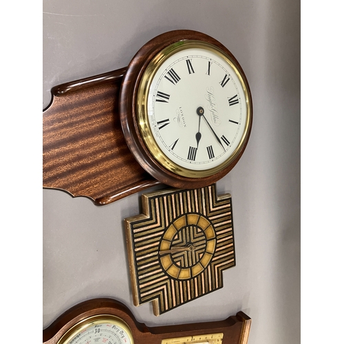 332 - A copper and oak galleried tray, mahogany wall clock, an oak barometer (at fault), a tile wall clock... 