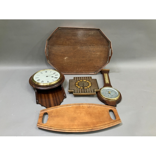 332 - A copper and oak galleried tray, mahogany wall clock, an oak barometer (at fault), a tile wall clock... 