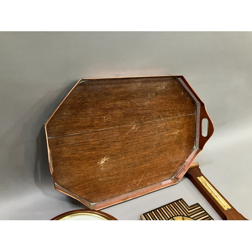 332 - A copper and oak galleried tray, mahogany wall clock, an oak barometer (at fault), a tile wall clock... 