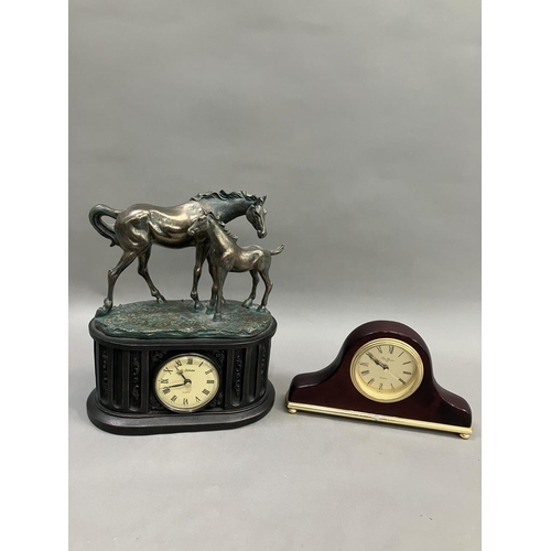 331 - A mantel clock with moulded horse and foal figure group together with another quartz mantel clock