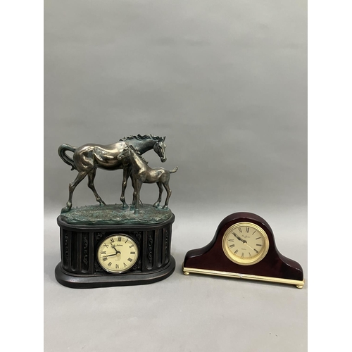 331 - A mantel clock with moulded horse and foal figure group together with another quartz mantel clock