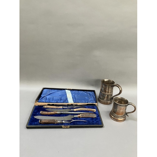 249 - A five piece horn handled carving set in fitted case together with two 19th century Sheffield plate ... 