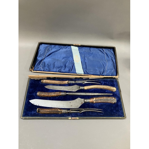 249 - A five piece horn handled carving set in fitted case together with two 19th century Sheffield plate ... 