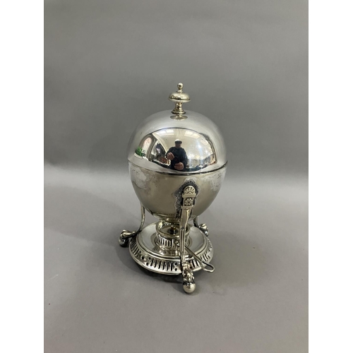 409 - An Edwardian silver plated egg coddler with spirit stand