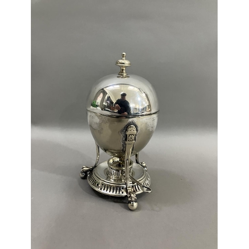 409 - An Edwardian silver plated egg coddler with spirit stand