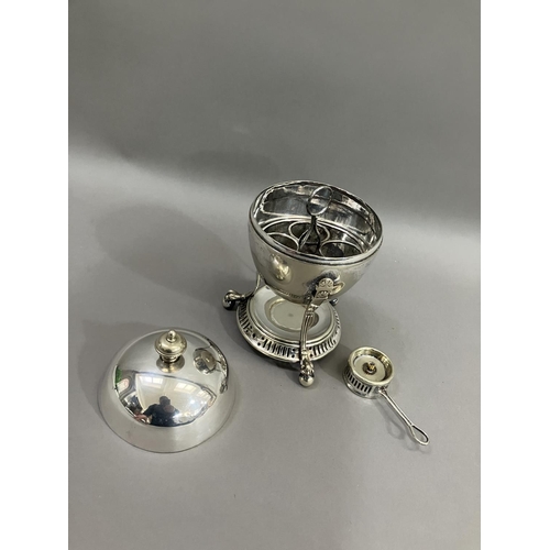 409 - An Edwardian silver plated egg coddler with spirit stand