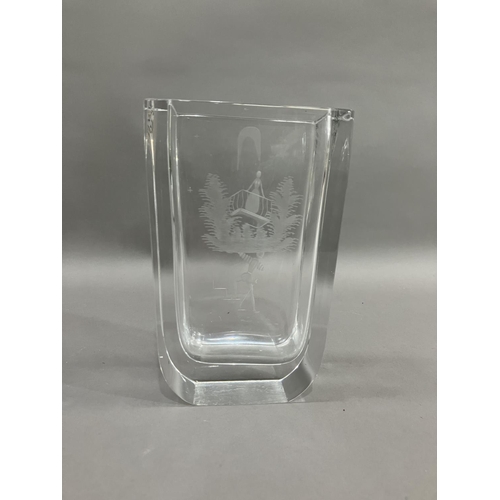 53 - An Orrefors glass vase etched with Romeo and Juliet signed by Nils Landberg, 21cm high