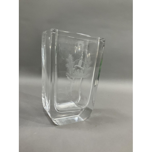 53 - An Orrefors glass vase etched with Romeo and Juliet signed by Nils Landberg, 21cm high