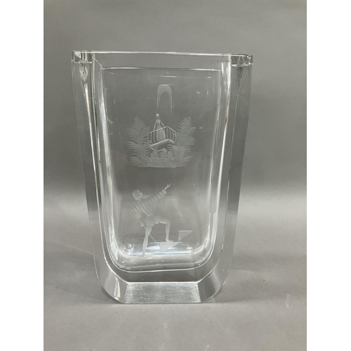 53 - An Orrefors glass vase etched with Romeo and Juliet signed by Nils Landberg, 21cm high