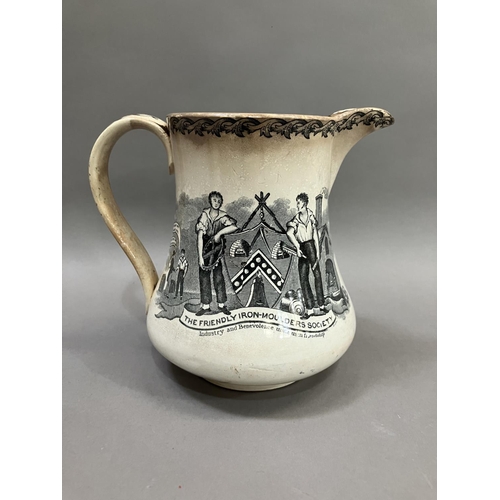 55 - A 19th century pottery jug transfer printed with the Friendly Iron Moulders Society, figures and sym... 