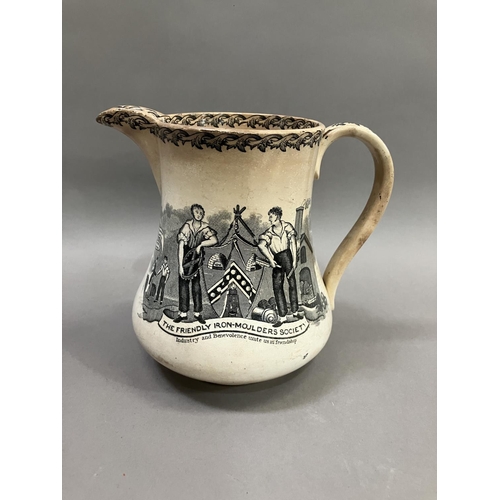 55 - A 19th century pottery jug transfer printed with the Friendly Iron Moulders Society, figures and sym... 