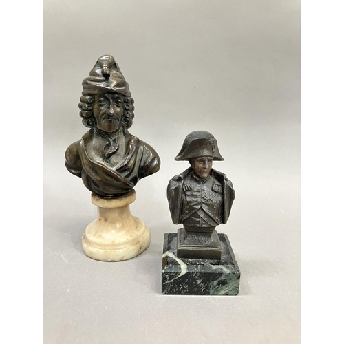 57 - A bronze bust of Voltaire on a swept marble base, 15cm high together with a metal bust bust of Napol... 