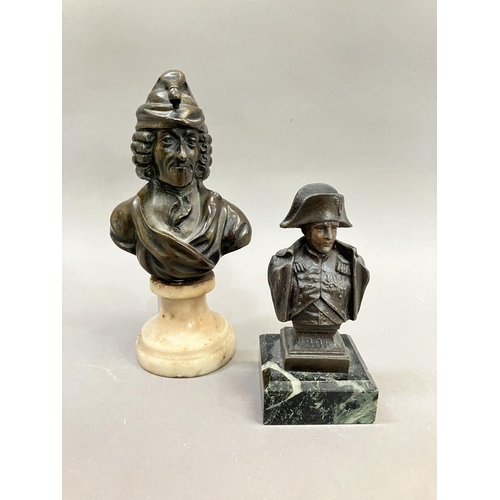 57 - A bronze bust of Voltaire on a swept marble base, 15cm high together with a metal bust bust of Napol... 