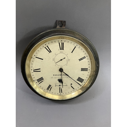 62 - A Victorian ship's clock, the enamel dial with black Roman numerals and Arabic  seconds dial, signed... 