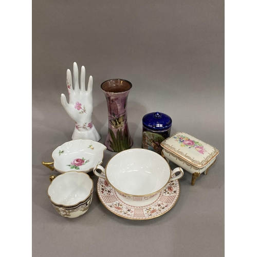 255 - A Royal Crown Derby soup bowl and stand, a continental cobalt blue dish and lid with scene, a Limoge... 