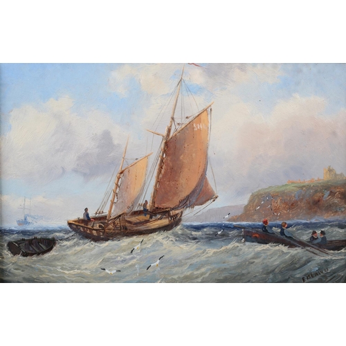 341 - E BLAND (Act. late 19th/early 20th century), Shipping in a heavy swell off Whitby, oil on board, sig... 