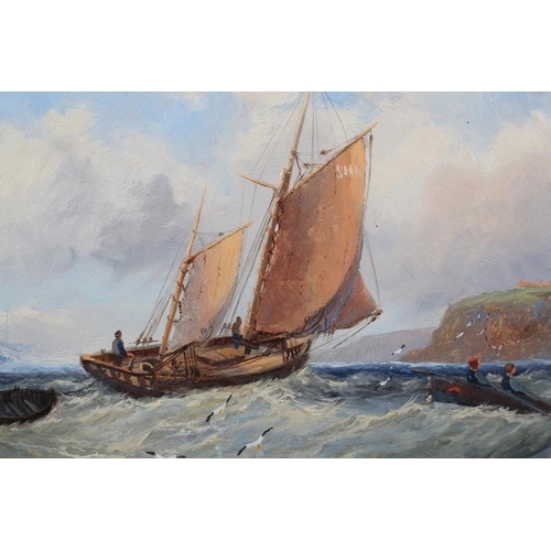 341 - E BLAND (Act. late 19th/early 20th century), Shipping in a heavy swell off Whitby, oil on board, sig... 