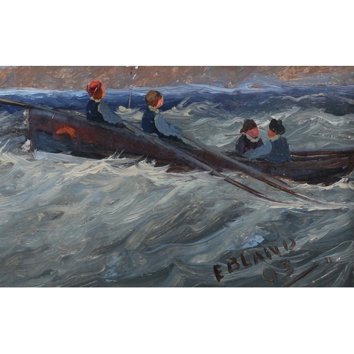 341 - E BLAND (Act. late 19th/early 20th century), Shipping in a heavy swell off Whitby, oil on board, sig... 