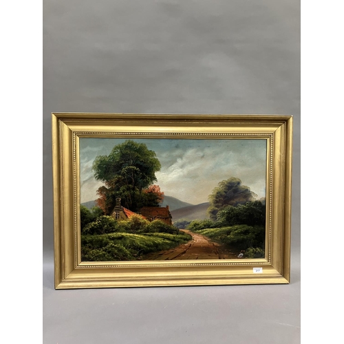 217 - Late 19th/early 20th century English School cottage by a country lane, oil on board, unsigned, 49cm ... 