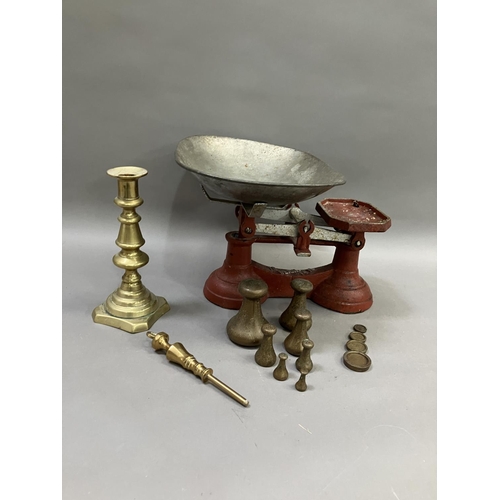 232 - A pair of vintage weighing scales with pan together with a Victorian brass baluster candlestick