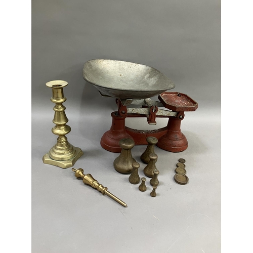 232 - A pair of vintage weighing scales with pan together with a Victorian brass baluster candlestick