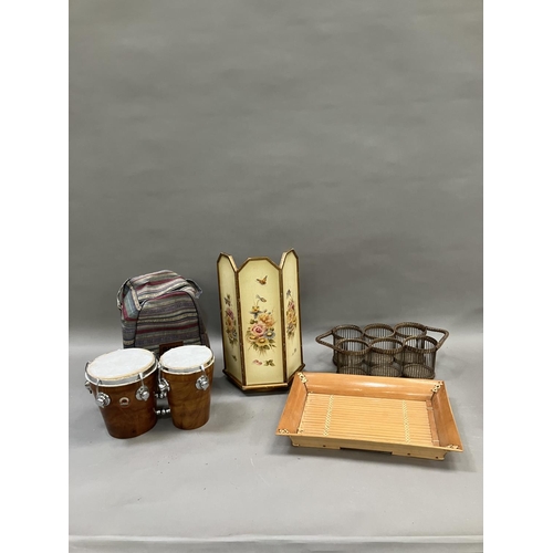 281 - A gilt and floral painted screen, bamboo tray, wicker bottle holders and a pair of bongo drums in a ... 