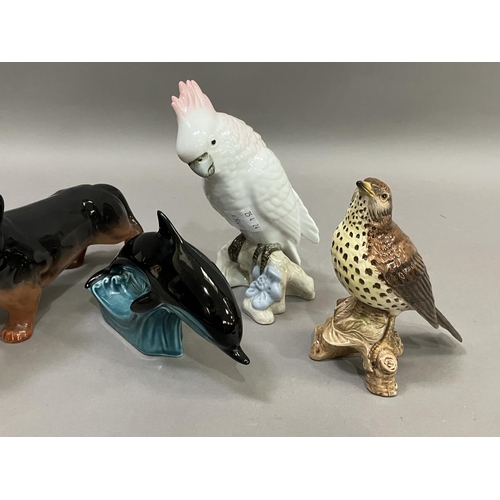 234 - A Beswick thrush model 2308, a Poole pottery Dolphin, a Beswick Dachshund and a Czechoslovakian cock... 