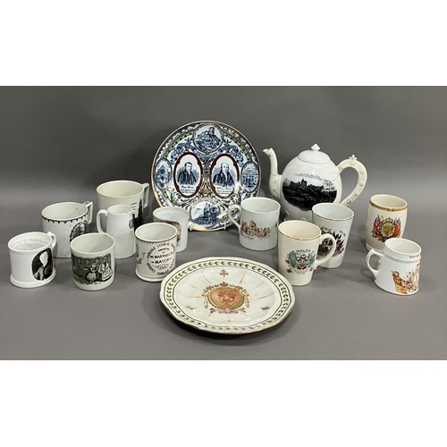 268 - A collection of 19th century transfer and printed mugs, primitive Methodist centenary plate and vari... 