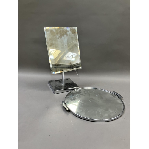 308 - A twin handled mirrored tray together with a chrome toilet mirror on stand