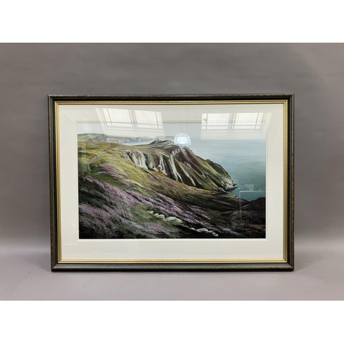 215 - Patricia Kent, Bradder Head, Isle of Man, a coastal landscape with headland and heather covered clif... 