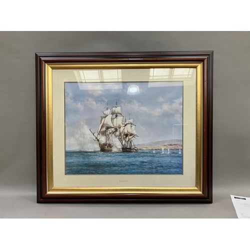 218 - After Montagu Dawson, colour print, Naval Engagement Off The Coast, overall with frame 97cm x 103cm