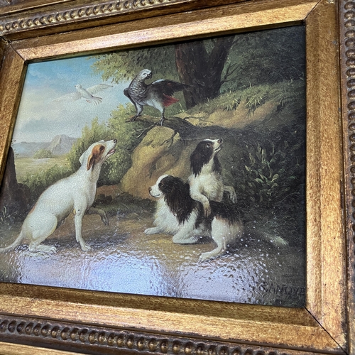 294 - Two prints of kittens and dogs with parrot in gilt frames measuring 29cm x 24cm