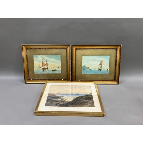 518 - Lake and mountain landscape, unsigned watercolour, 24cm x 34cm together with a pair of Venetian ship... 