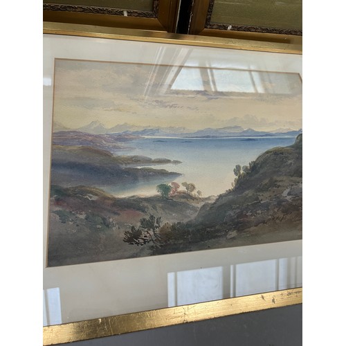 518 - Lake and mountain landscape, unsigned watercolour, 24cm x 34cm together with a pair of Venetian ship... 