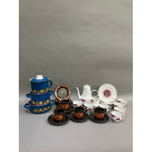 103 - A collection of 1970s items including a pink and white coffee pot cups and tea plates, a brown glaze... 