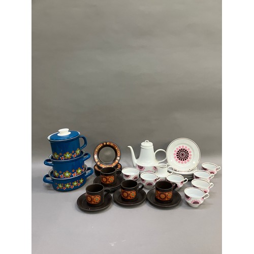 103 - A collection of 1970s items including a pink and white coffee pot cups and tea plates, a brown glaze... 