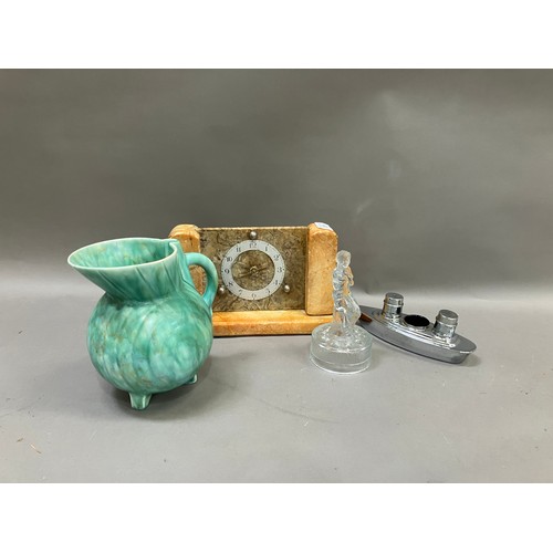 251 - An art deco Beswick green mottled satin glazed pottery jug, shape no.178, an art deco marble mantel ... 