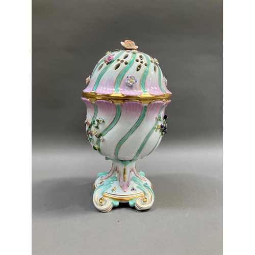 343 - Early 20th century Dresden potpourri pedestal vase and domed cover of wrythern form, tinted puce and... 