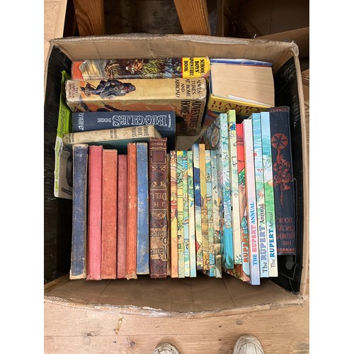 484 - Two boxes of books including Children's books, Rupert annuals, Children's circus book and Harry Pott... 