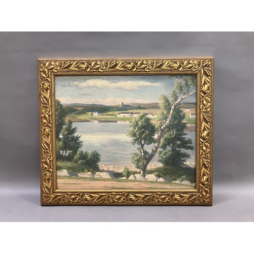 479 - River landscape with village, oil on canvas, signed and dated 1950 to lower right, 54cm x66cm