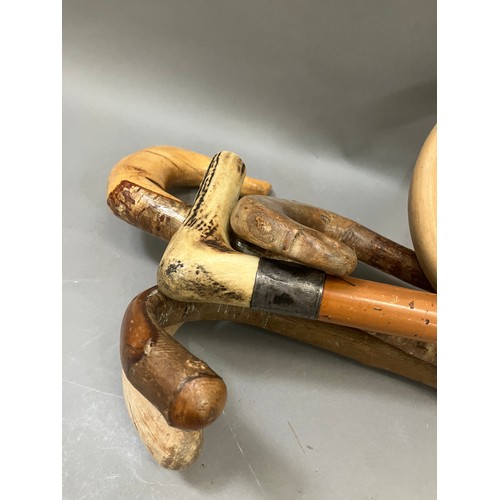 490 - Six various walking sticks one with silver collar and antler handle