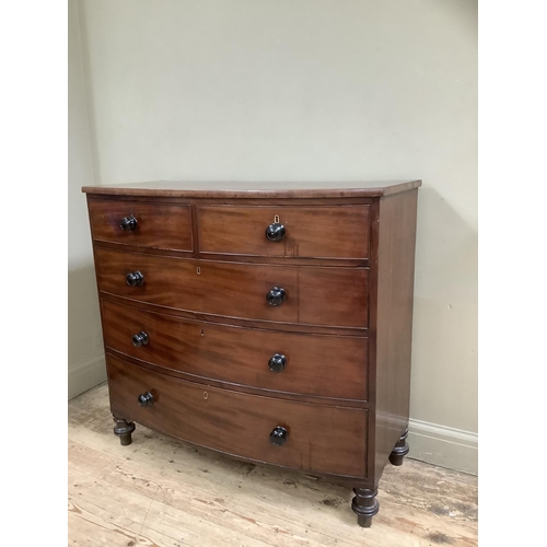 497 - A 19th century mahogany bow front chest of two short and three long graduated drawers on turned feet... 