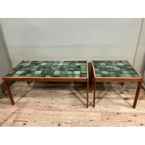 521 - Two late 1960s tile topped tables with teak frames, the tiles possibly Hornsea pottery, 98cm x 50cm ... 