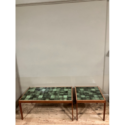 521 - Two late 1960s tile topped tables with teak frames, the tiles possibly Hornsea pottery, 98cm x 50cm ... 