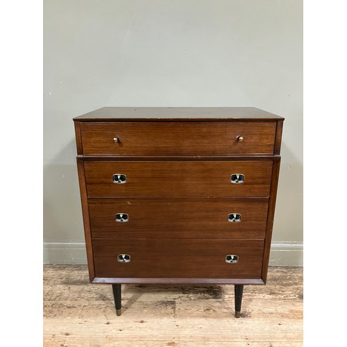 526 - A 1960s Beautility dark teak veneer chest of four heights with gilt metal handles and on ebonised ta... 