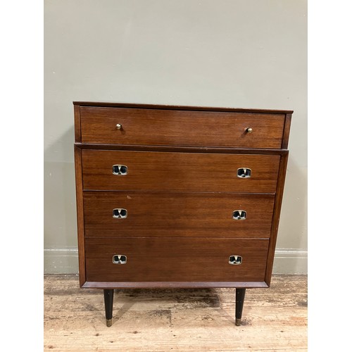 526 - A 1960s Beautility dark teak veneer chest of four heights with gilt metal handles and on ebonised ta... 