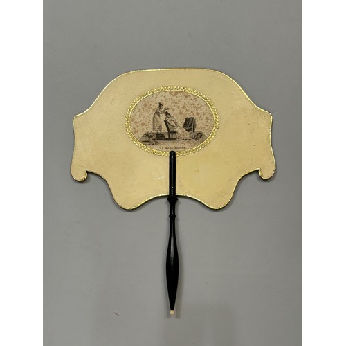 18 - A good regency fixed fan, shaped, the recto applied with gold foil and a gravure showing a mother as... 