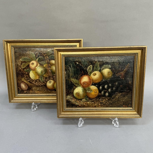 245 - In the style of Henry Clare, a pair of still life of fruit, apples in a basket, apples and grapes ag... 