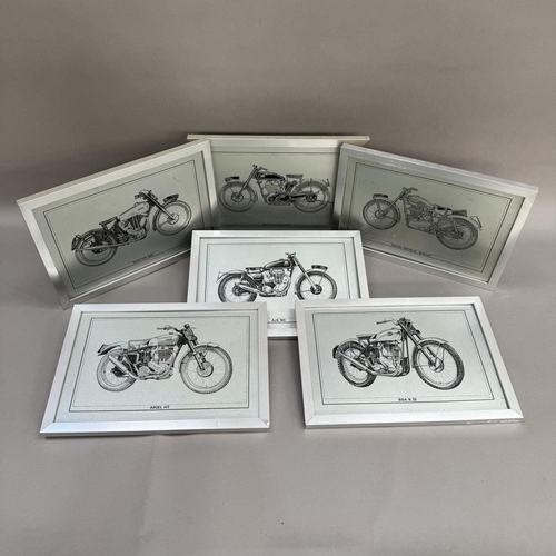 260 - A set of six studies of British motorcycles, etched on a silvered surface including Royal Enfield Bu... 